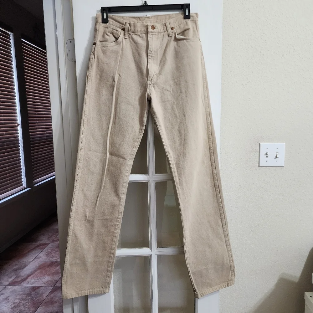 Vintage Wrangler USA Made Tan Beige Denim Jeans Men’s 34x38 Tall Straight Leg